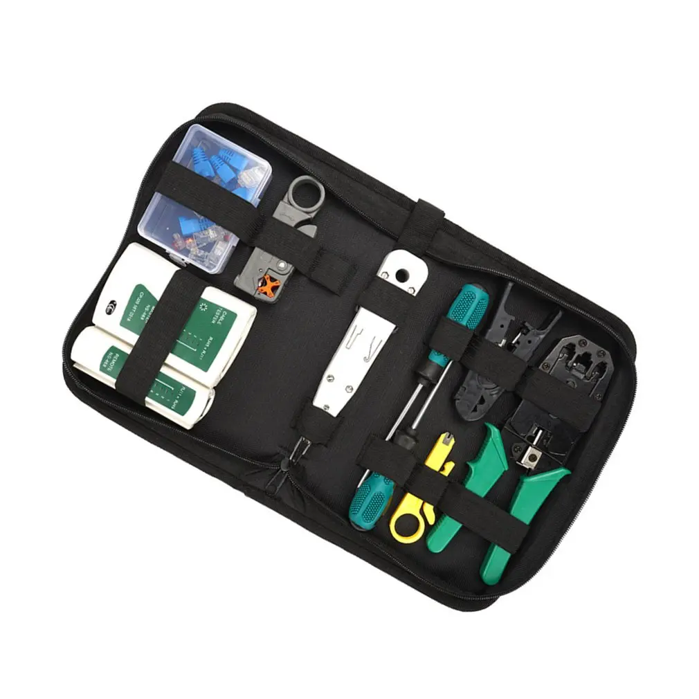 14pcs/Set Computer Network Repair Tool Kit LAN Cable Tester Wire Cutter Screwdriver Pliers Crimping Maintenance Tool Set Bag