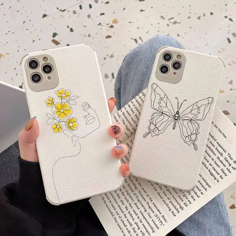 

Black line art Abstract Phone Case Lambskin Leather For iphone 12 11 8 7 6 XR X XS PLUS MINI PLUS PRO MAX Shockproof