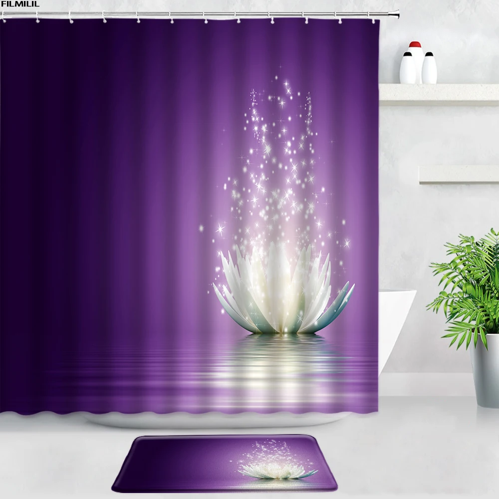 

Zen Black Stone Purple Flower Shower Curtains Bathroom Rug Retro Wood Board Garden Scenery Door Pad Non-slip Carpet Bath Mat Set