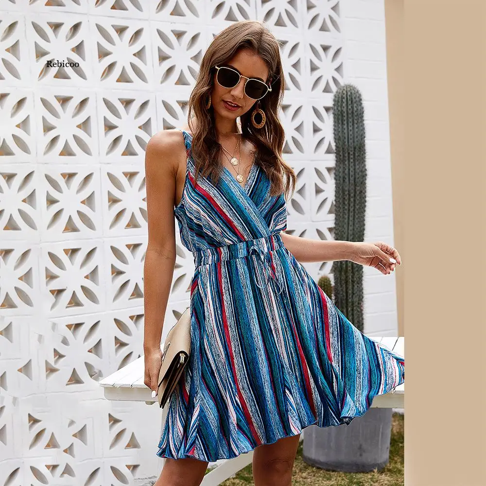 

Sexy Women's Dress Summer V-Neck Strap Stripe Print Dress Sleeveless Party Slim Dress Fashion New