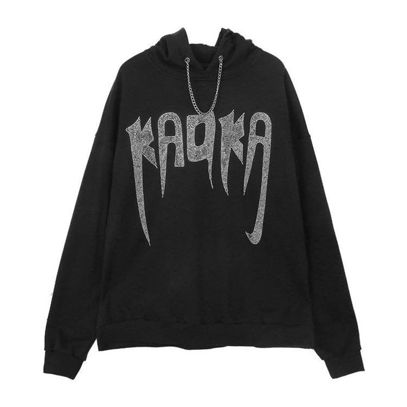 

Couple Sweater Women's Black Hooded Korean Loose Retro Hong Kong Style Hot Rhinestone Letter Printed Jacket Top y2k tops E-girl