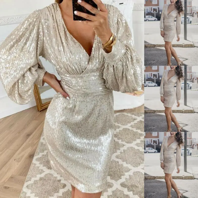 Женское повседневное платье с глубоким вырезом и длинным рукавом офисная одежда