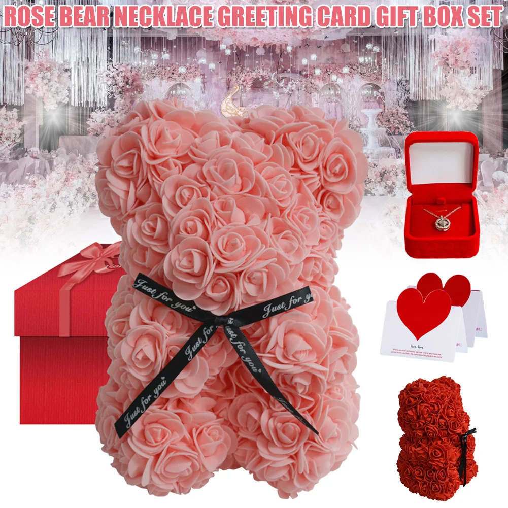 

Rose Bear Rose Teddy Bear and Necklace Card Gift Box Set for Wedding Anniversary Birthday Bridal Showers Mother's Day Decor Gift