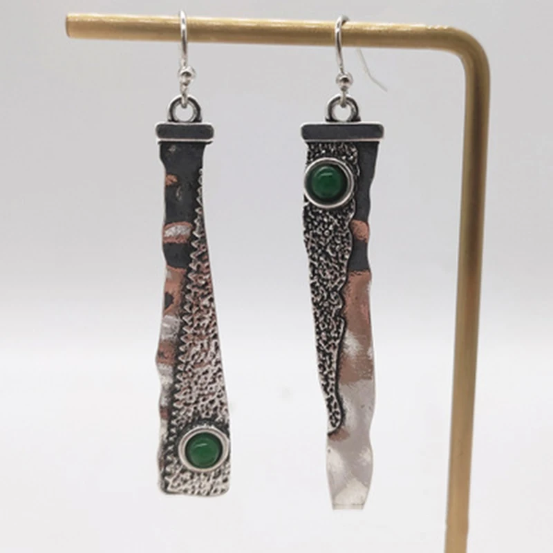 Vintage Long Pendientes Ethic Antique Silver Color Jagged Sickle Green Resin Stone Tribal Earrings for Women Indian Jewelry | Украшения и