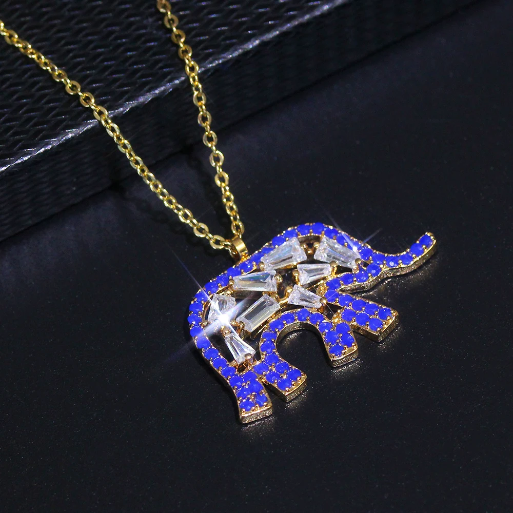 Женское ожерелье парное золотая цепочка с вставкой синий кубический цирконий в форме слона Сюрприз на День рождения для подруги.