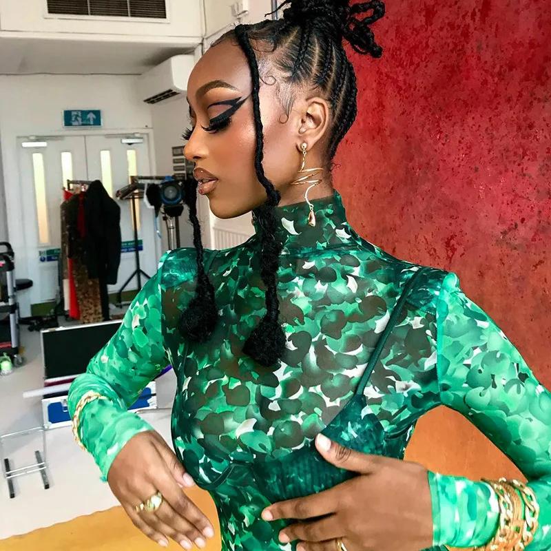 

European And American Women's 2022 Autumn New Printed Half-high Collar Long-sleeved Irregular Mesh Top T-shirt