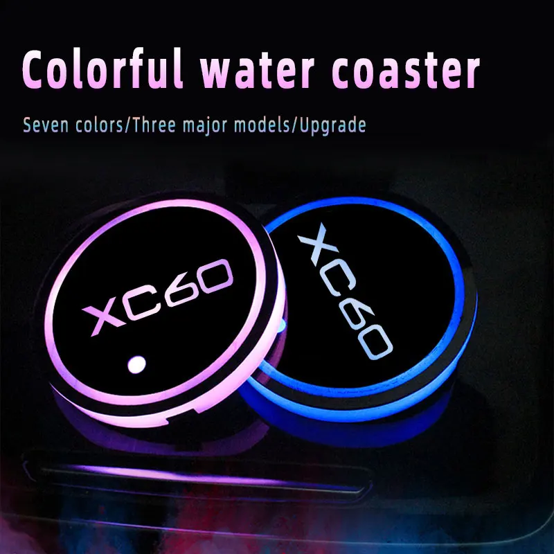 

Car Logo Led Atmosphere Light 7 Colorful Cup Luminous Coaster Holder For Volvo XC60 2015-2018 2019-2022 Auto Accessories