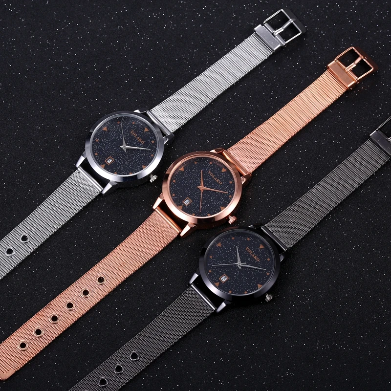 Женские часы с браслетом Звездный стикер для ногтей Золотая сетка из нержавеющей