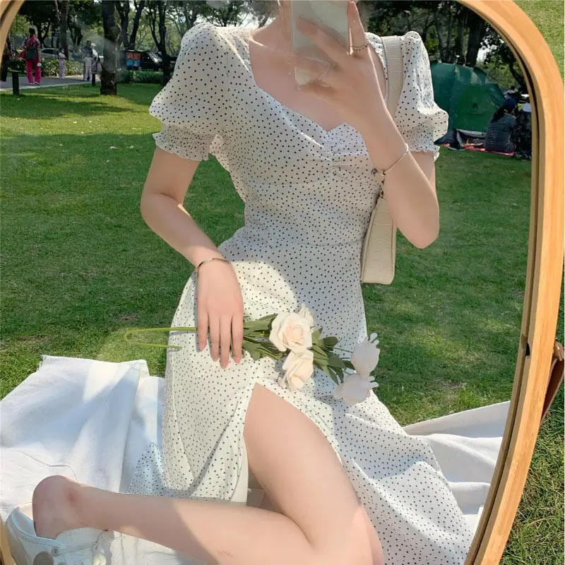 

JuneLove French Ruffle Women Sexy Puff Sleeve Split Dress Office Lady Korean Style Summer Elegant Chiffon Fairy Boho Vestidos