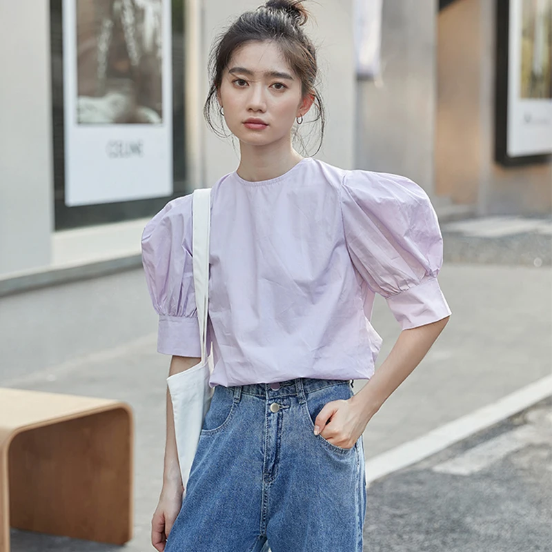 

Блузка для женщин в Корейском стиле Стиль Ёрш с длинным рукавом с О-образным вырезом из мягкого хлопка свободные милые блузки, летняя элеган...