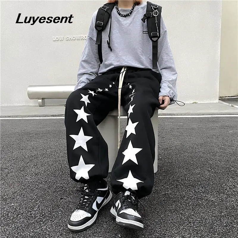 

Женские длинные брюки в стиле Харадзюку, черные и синие готические брюки в стиле панк со звездами и большими завязками, теплые уличные повседневные штаны
