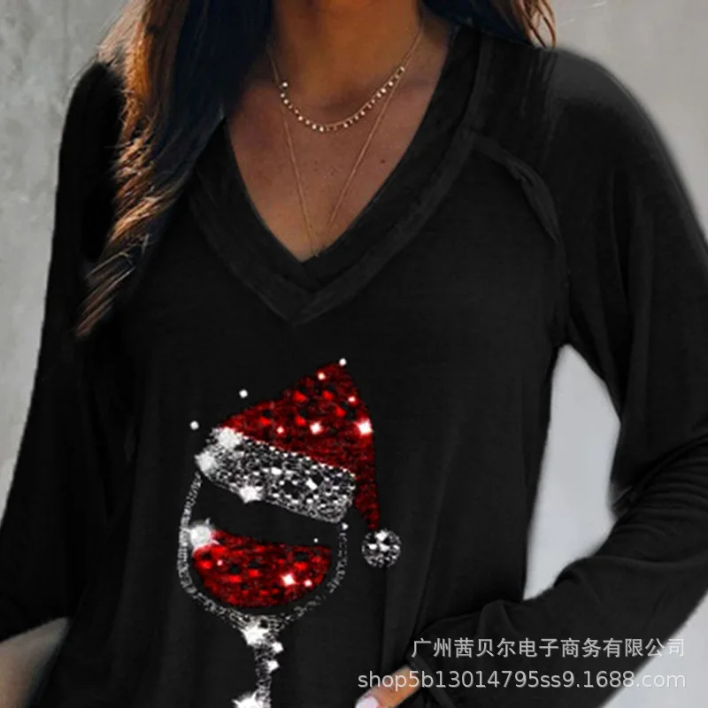 

WEPBEL Women T Shirt New Sequined V Neck Fashion Casual Loose Christmas Cartoon Printed Long Sleeve T-shirt