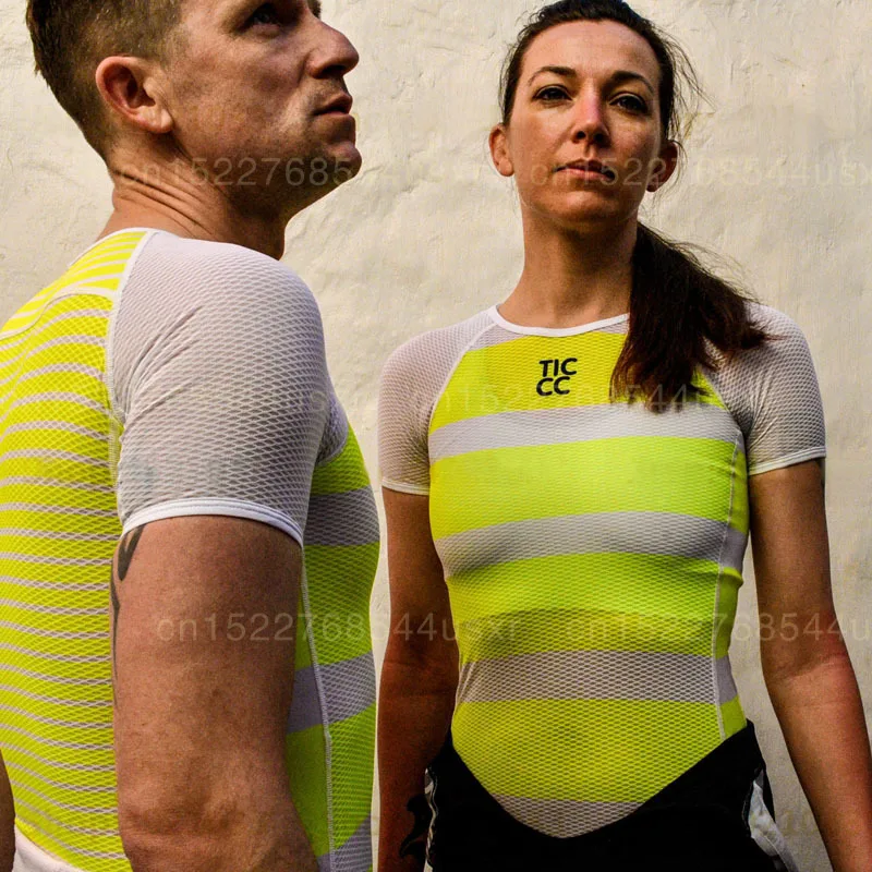 (Короткий рукав полоски Для женщин новый желтый и белый MTB цикл базовый слой 2019