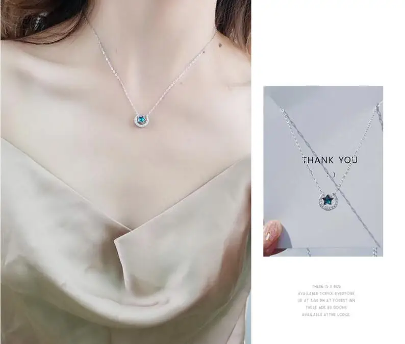 

Exquisite 925 Sterling Silver Ocean Blue Star Moon Crystal Zircon Necklace for Women Girl Tassel Jewelry Gift Choker Collares