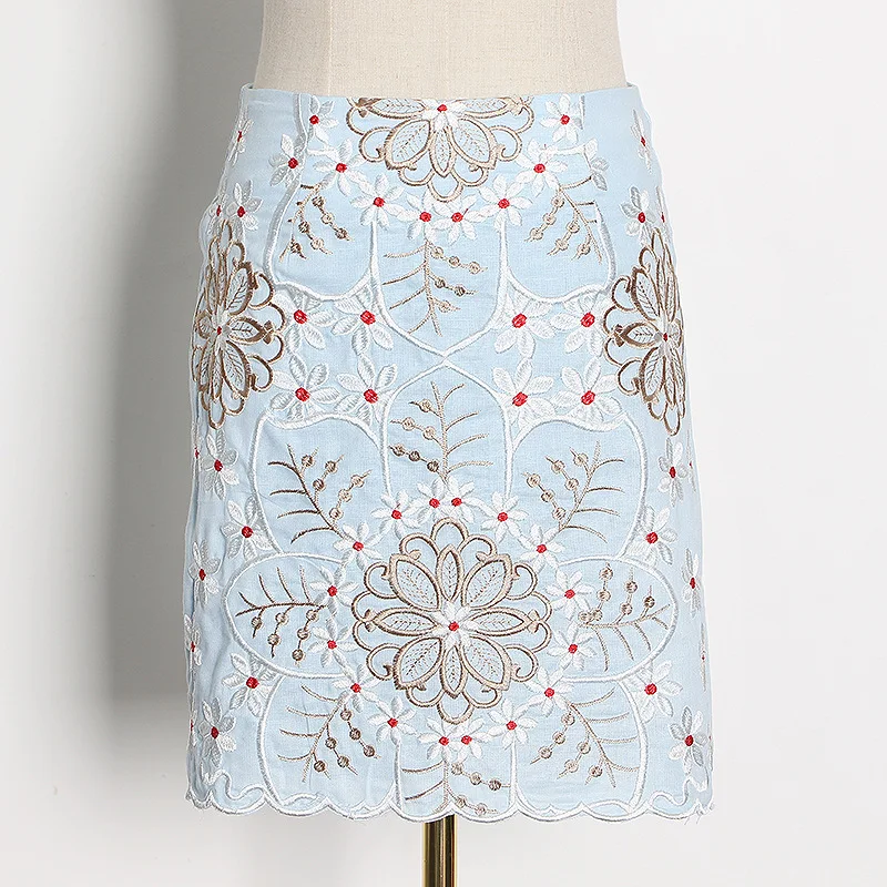 

Two Piece Set Women Sweet Embroidery Crop Top+High Waist Mini Skirt