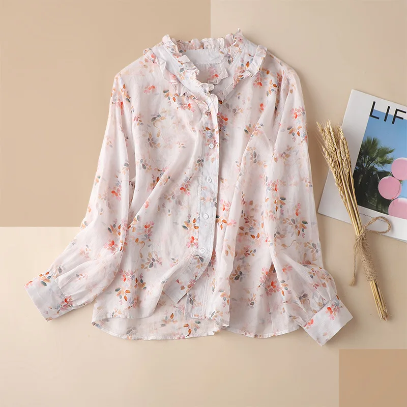 

SHUCHAN Ramie Women Shirts Prairie Chic Print V-Neck Women's Long Sleeve Ladies Tops Women Shirts Blouses 2021