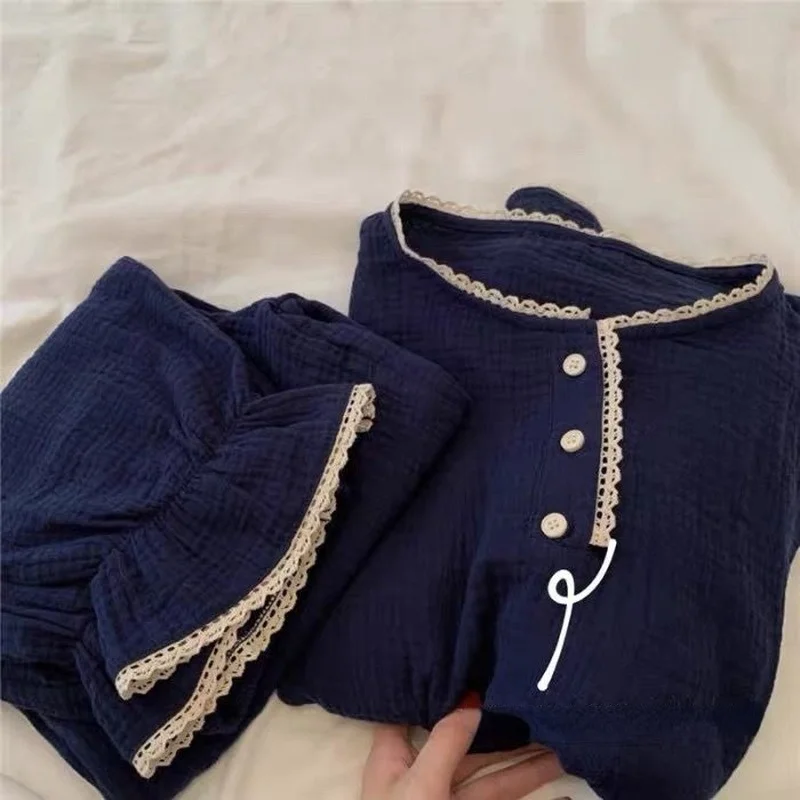 QWEEK Cotton Pajamas Women Autumn Home Clothes Solid Color Pijamas Button Lace Sleepwear Pyjamas Loungewear Home Suit Roomware