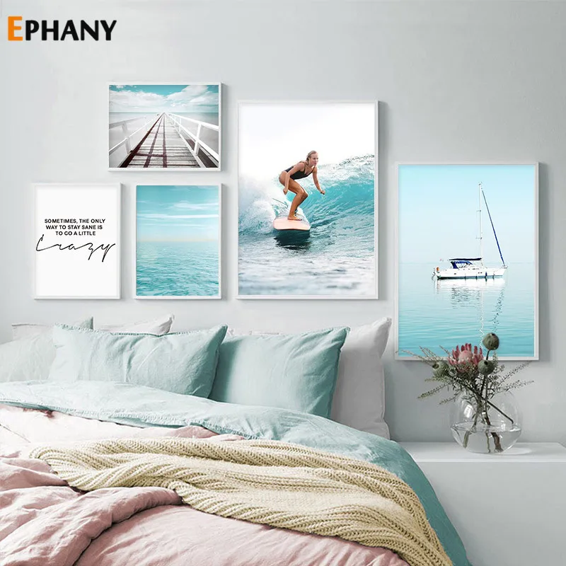 

Coconut Tree Blue Seascape Canvas Painting Surfing Beauty Poster Nordic Vacation Wall Art Decorative Printed Home Decoration