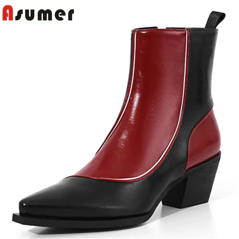 

Asumer 2021 New Fashion Brand Genuine Leather Shoes Women Thick Heel Ankle Boots Mixed Color Street Style Women Shoes