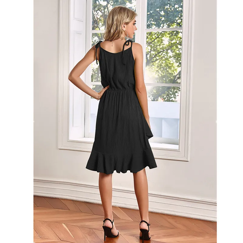 

Leosoxs Summer Sexy V Neck Spaghetti Straps Women's Dress 2021 Casual Solid Patchwork Empire Ruffles Knee Length Ladies Dressesr