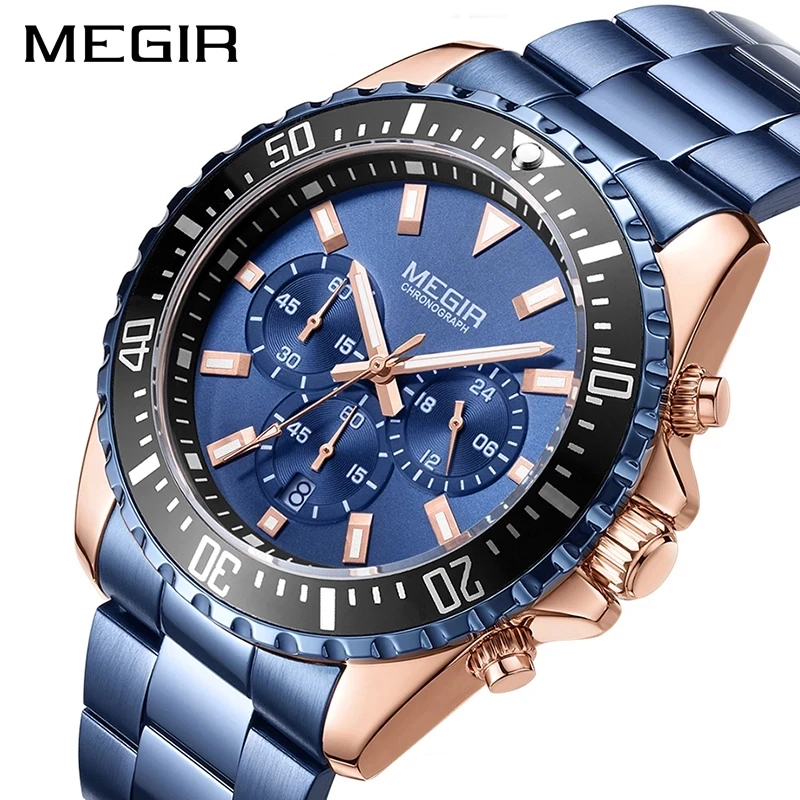 

MEGIR 2021 New Fashion Sports Men's Waterproof Luminous Watch Dial Chronograph Calendar Steel Band Business Quartz Watches 2064