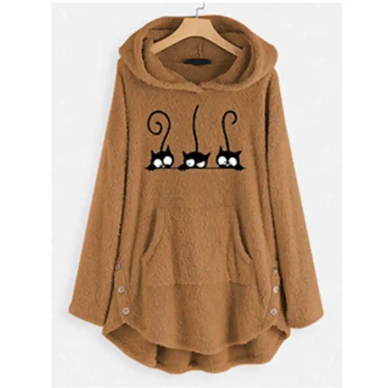 

Women Tops Size Cat Warm Plus Button Hoodie Embroidery Fleece Blouse
