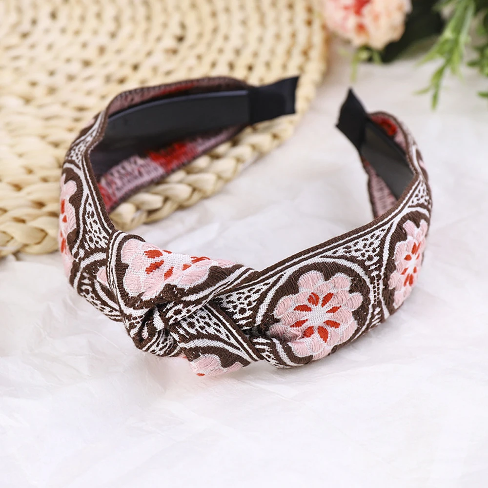 

Vintage Embroidery Flower Headband Hair Hoop Ethnic Style Knotted Wide Hairband for Women Girls Temperament Headwear