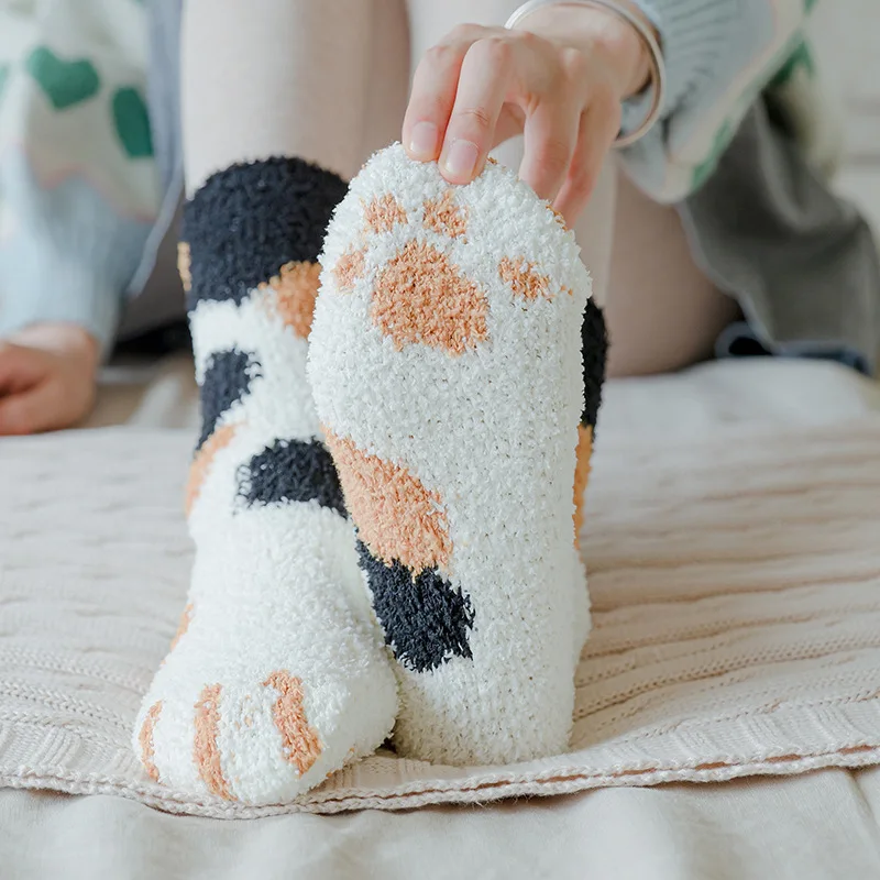 6 Pairs Women Socks Fluffy Warm Slipper Sock Autumn Winter Fall Fuzzy Cute Girl Cat Paw Home Sleeping Cat Claw Cute Animal Socks
