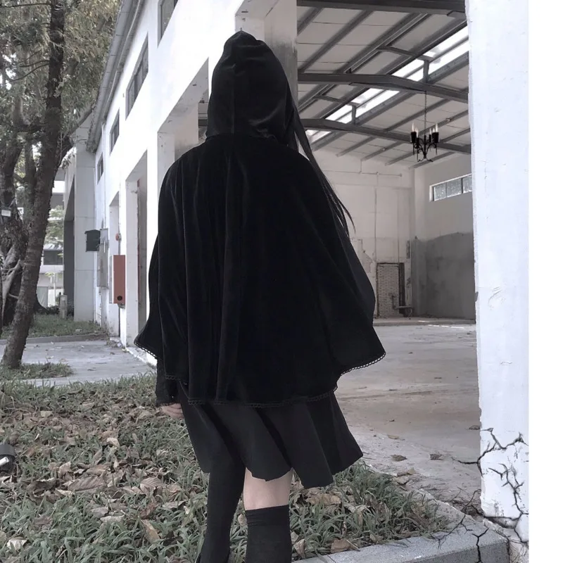 JIEZuoFang Winter Gothic Cape Coat Halloween Velvet Cloak Hooded Medieval Costume Witch Wicca Vampire Autumn Warm Outwear | Женская
