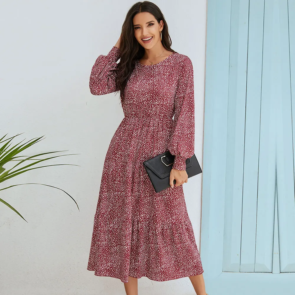 Женское длинное платье для отдыха и осени в горошек женское с пышными рукавами