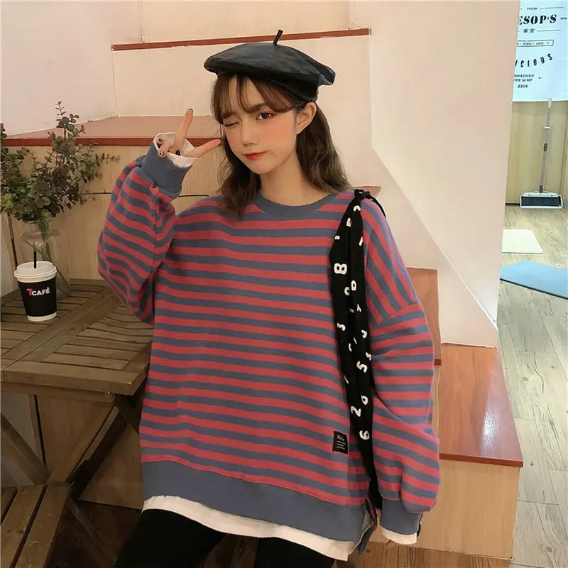 

Autumn Women Purple Gray Striped Cotton Loop Cozy Sweatshirt Korean Style Oversized Patchwork Pullover Soft Comfort Terry Top