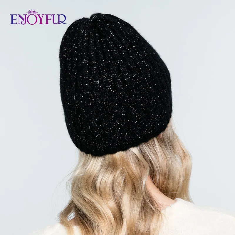 ENJOYFUR Thick warm winter hats for women soft mohair knitted female caps double lining beanies