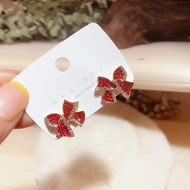

2021 New Red Rhinestone Bow Stud Earrings For Girls All-Match Small And Exquisite Temperament Stud Earrings Fashion Jewelry
