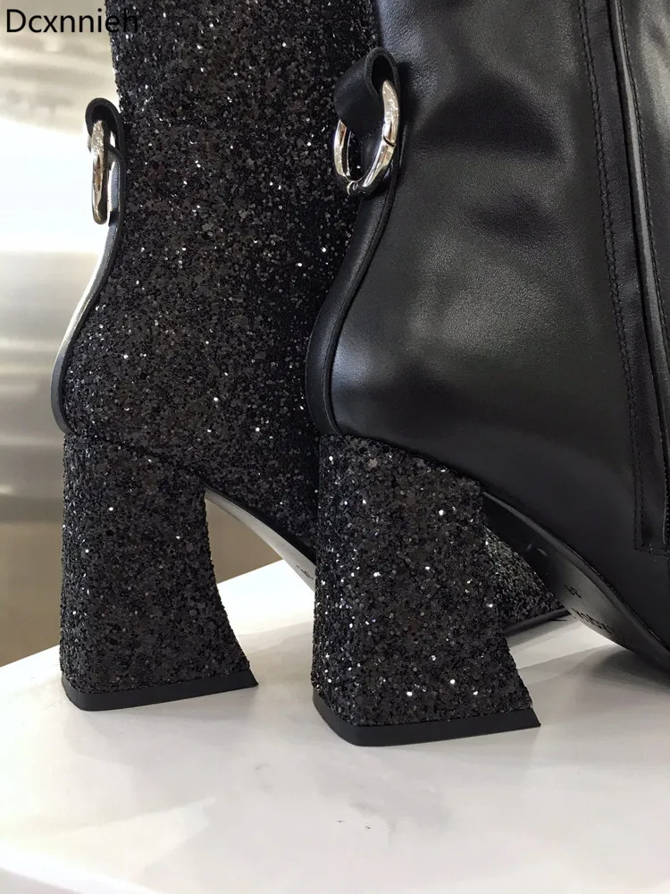 

Crystal Square Toe Brand Shoes Chunky Heels Ankle Boots For Women Real Leather Short Women Boots Patchwork Silver Boots Woman