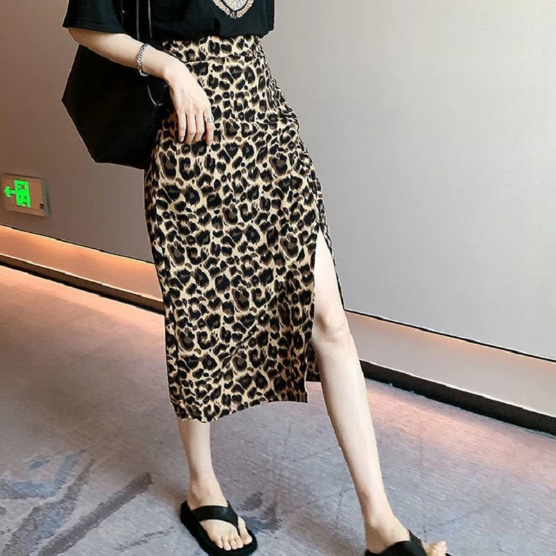 

High Waist Split Leopard Skirt Womens 2021 Fashion Print Soft Breathable Sexy A-Line Hip Skirts Feminine Preppy Style