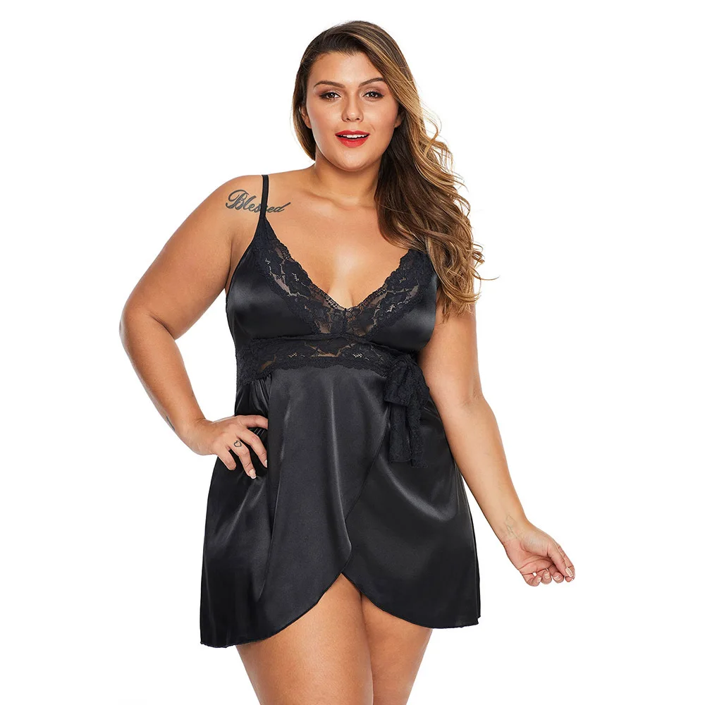 

Sexy Spaghetti Strap Nightdress Women Lace Patchwork Nightgown Suspender Skirt Satin Intimate Lingerie Sleepwear Nightgown