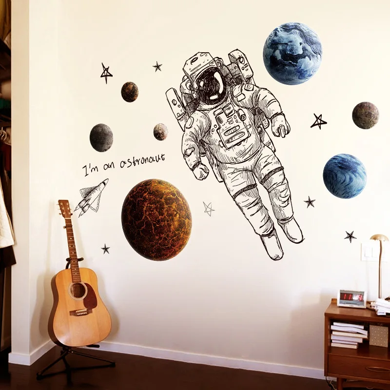 

Cartoon Astronaut Wall Stickers Outer Space Planet Decorative Stickers Kids Room Baby Nursery Wall Decals Galaxy Home Decor