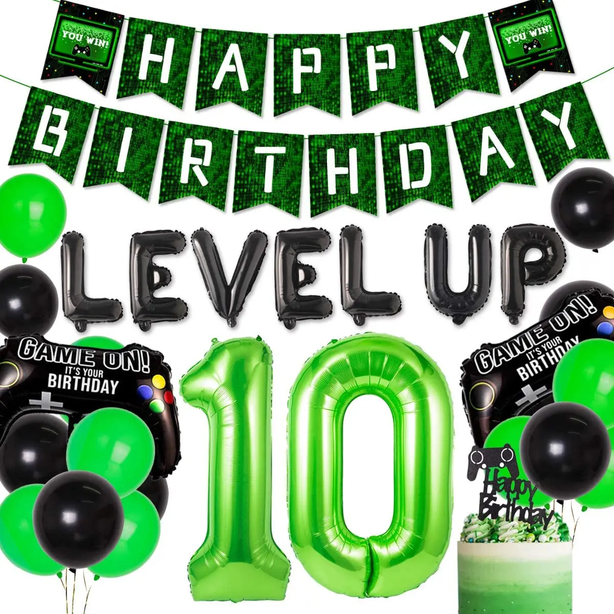 Pаспродажа Украшения для 10-го дня рождения, зеленый и черный игровой контроллер уровня до 10, воздушный шар из фольги для мальчиков, товары для вечеринки...