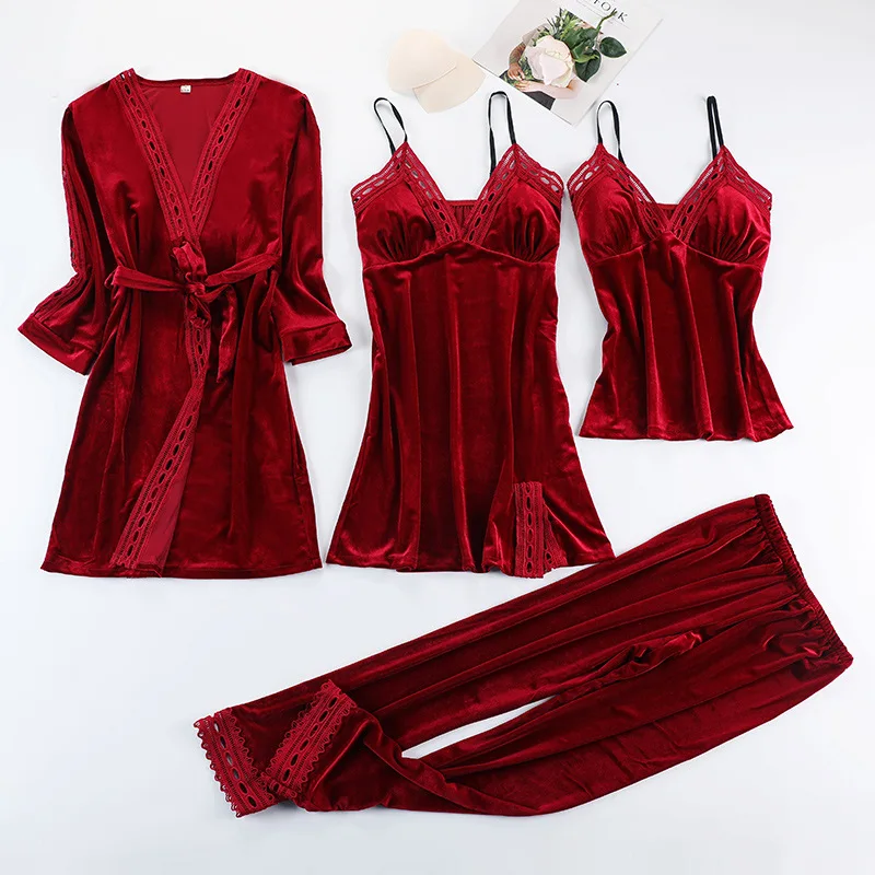 

2020 Gold Velvet 4 Pieces And 3 Pieces Warm Winter Pajamas Sets Women Sexy Lace Robe Pajamas Sleepwear Kit Nightwear