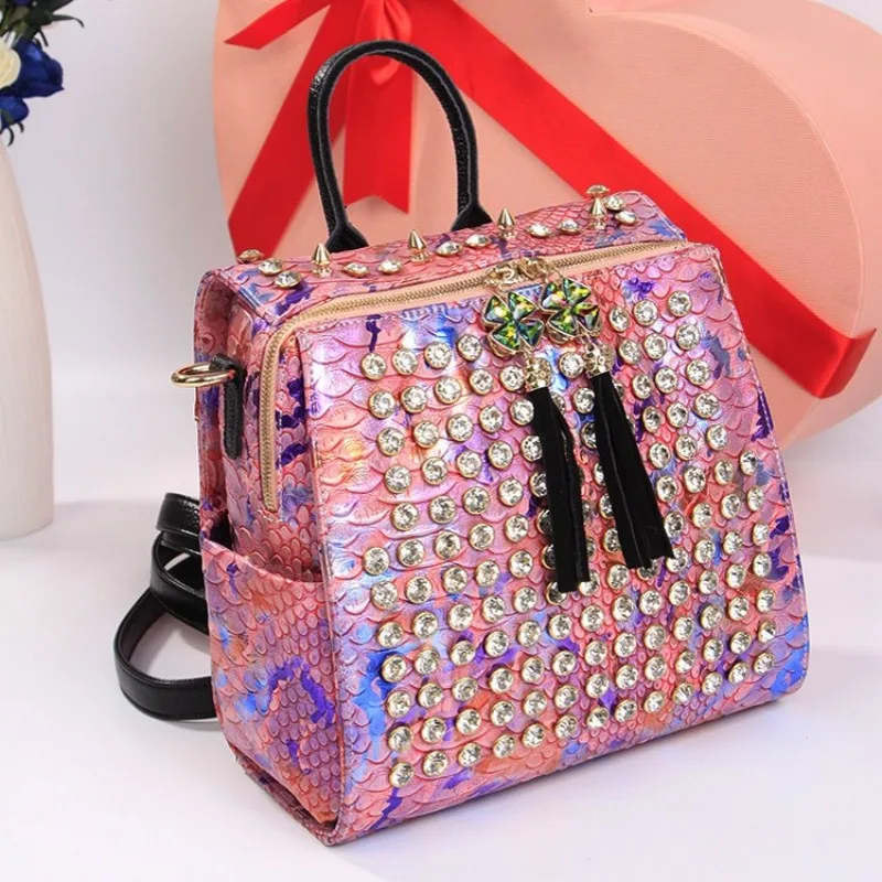 

Rhinestone Diamonds Backpacks Women Street Style New Rivets Shoulder Travel Tassel Backpack Office Casual Backpacks