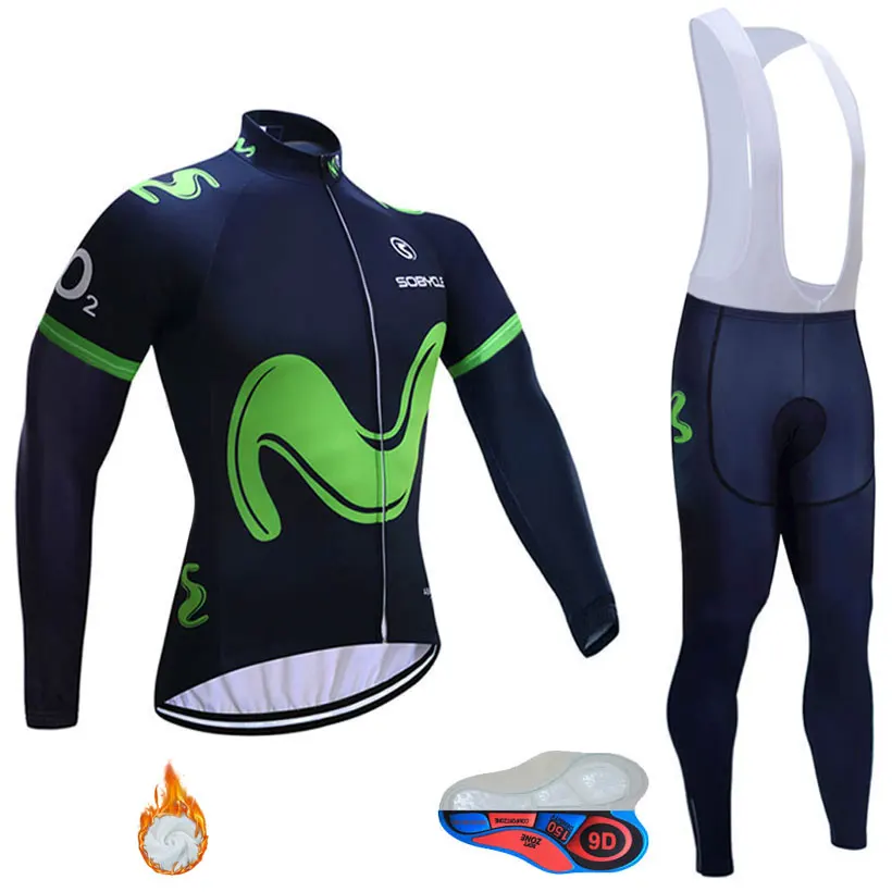 blue green fleece MOVISTAR командная велосипедная куртка 9D набор велосипедных штанов Ropa Ciclismo мужская зимняя термо флисовая pro трикотаж для велосипедистов одежда - Цвет: blue green fleece