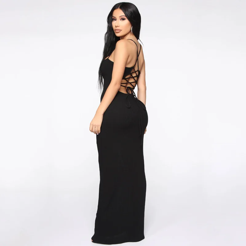 

Vamos Todos 2021 Summer Black Camis Top Sleeveless Hot Slimfit Women Bodycon Dress Backless Sexy Party Club Elegant Clothing
