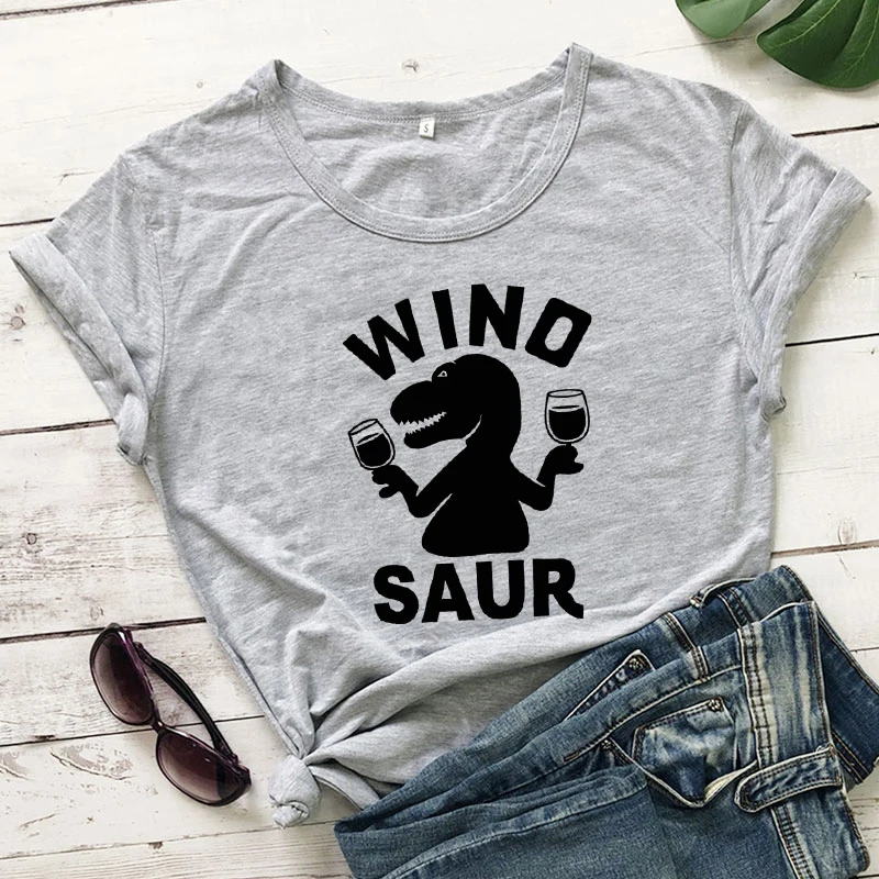 

Summer Tee Shirt Top Funny Mom Life Drinking Cotton Tshirt Winosaur Dinosaur T-shirt Women Crewneck Slogan Graphic