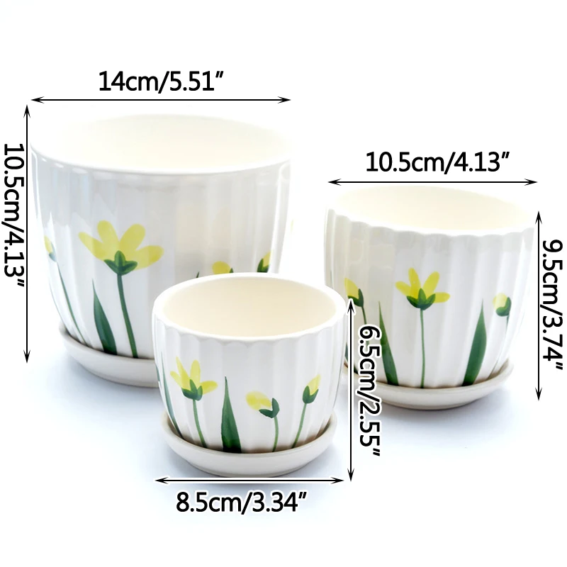 

A Set Three Fresh Hand Painted Ceramic Succulent Flower Pots With Tray Pastoral Balcony Green Plant Potted Home Summer Garden