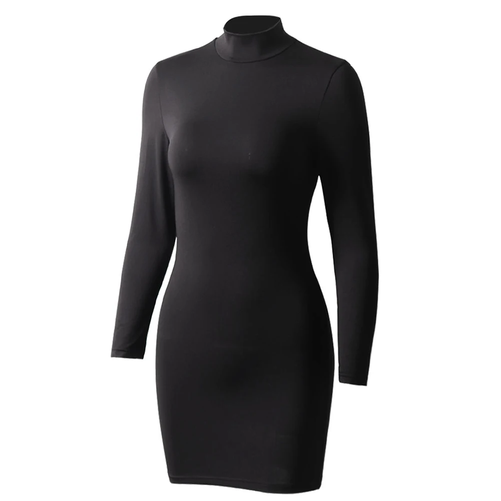 

New Fashion Solid Color Turtleneck Long Sleeve Women Sexy Slim Bodycon Mini Dress Sexy Wild Bottoming Dress