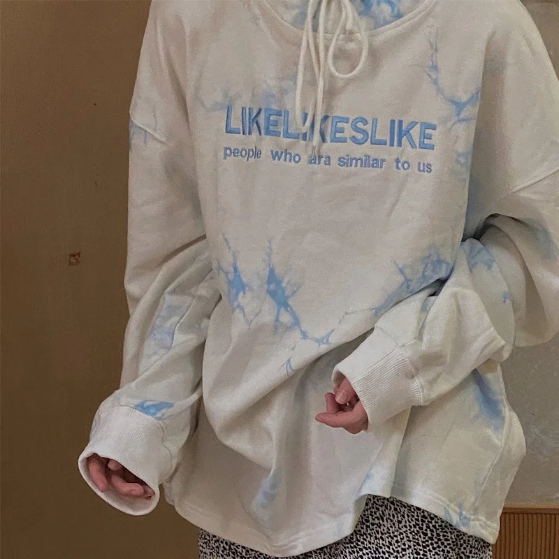 

Women Pink Tie Dye Round Neck Embroidery Letter Print Sweatershirts Sweet Oversize Sweatershirt Casual Tops Fall Spring Hoodies
