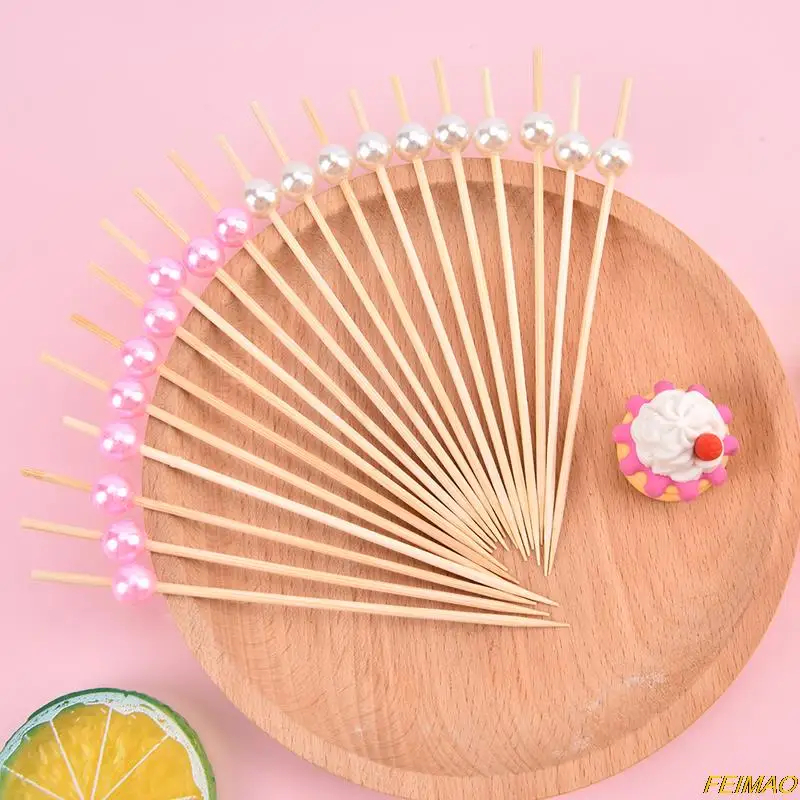 100Pcs Pearl Cocktail Picks Wooden Toothpick Skewer Snack Fork Fruit Bamboo Party Wedding Festival Supplies |