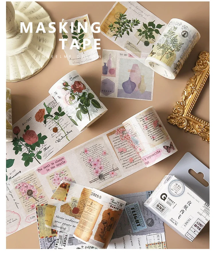 Vintage Wide Washi Tape Retro Masking Journal Supplies Kawaii Adhesive Planner Decorative Cute | Канцтовары для офиса и дома
