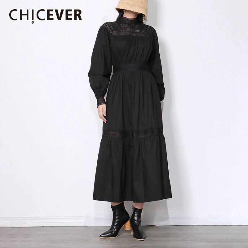 

CHICEVER Black Patchwork Lace Long Dress For Women Stand Collar Lantern Sleeve High Waist Elegant Dresses Female Fashion New