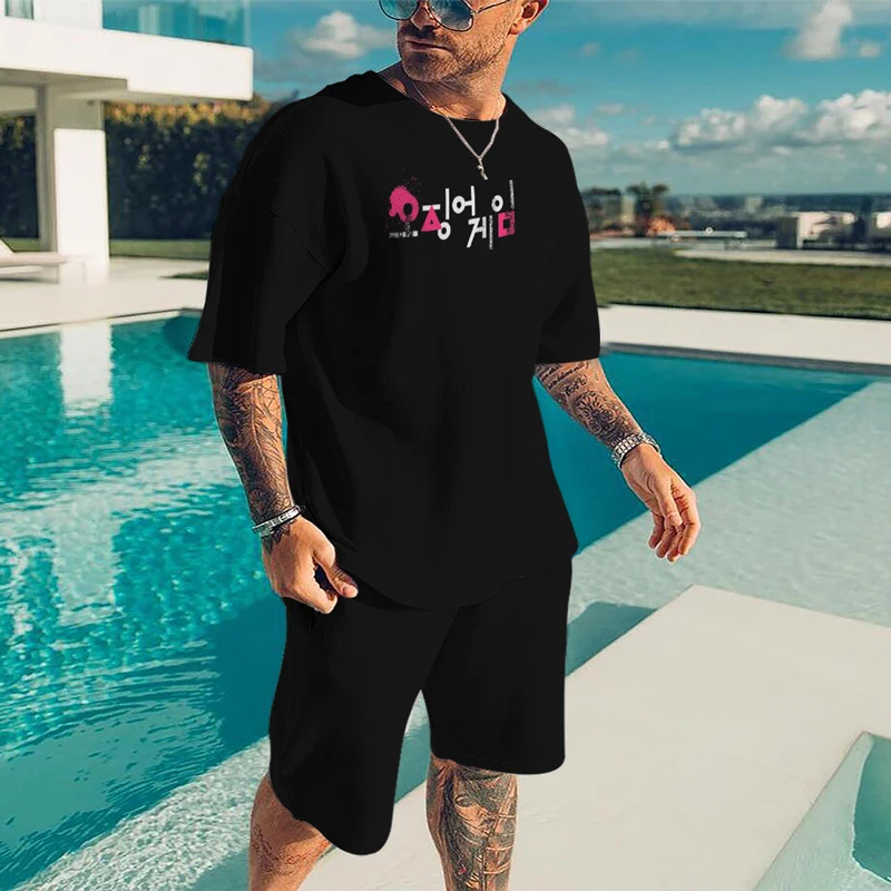 

Korean Squid Game Alphabet Printing Oversized Solid Color Short-sleeved T-shirt + Shorts Summer Sportswear For Men and Women